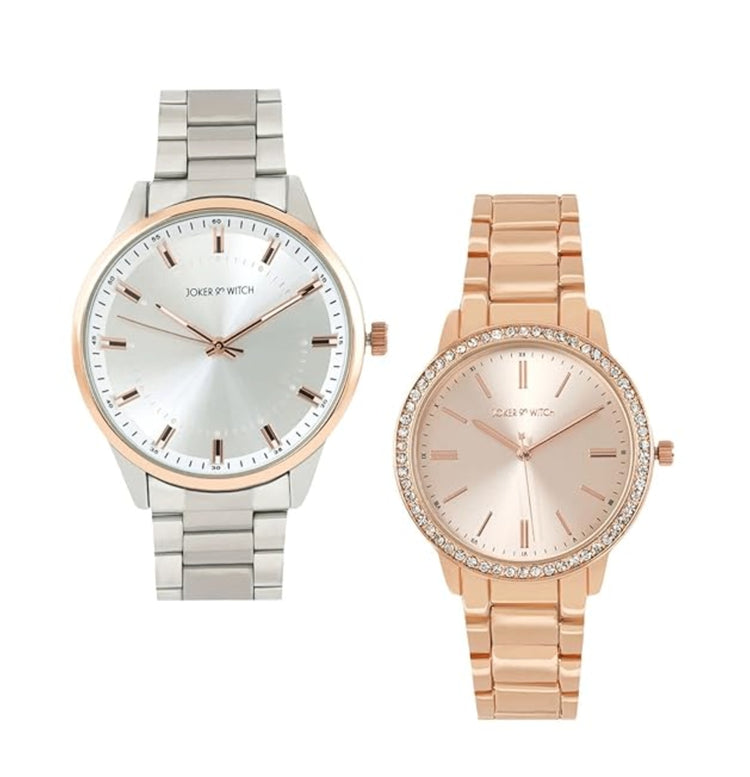 Joker & Witch Stainless Steel Cinnamon & Dove Couple Analogue Watches, Silver Dial, Silver Band