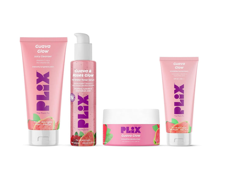 The Plant Fix Plix Guava & Roses Regime for Bright Skin & Balanced Skin pH|Hydrating Cleanser|2-in-1 Toner Serum|Smoothie Moisturizer|Invisible Sunscreen Gel With SPF 50+ PA +++|For Unisex|Pack of 4