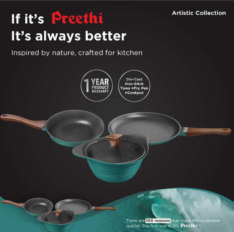 Preethi Artistic Die Cast Non Stick Set 27cm Tawa,24cm Fry Pan,Kadai 24cm With Glass Lid Non-Stick Coated Cookware Set Aluminium, 3 - Piece