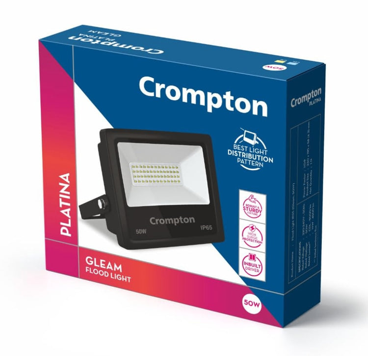 Crompton Gleam Neo LED Flood Light 50W Cool Day Light | Pack of 1 | Outdoor Waterproof Security Light | Wide Angle Beam for Monument Lighting, Shops, Malls, Parking Area