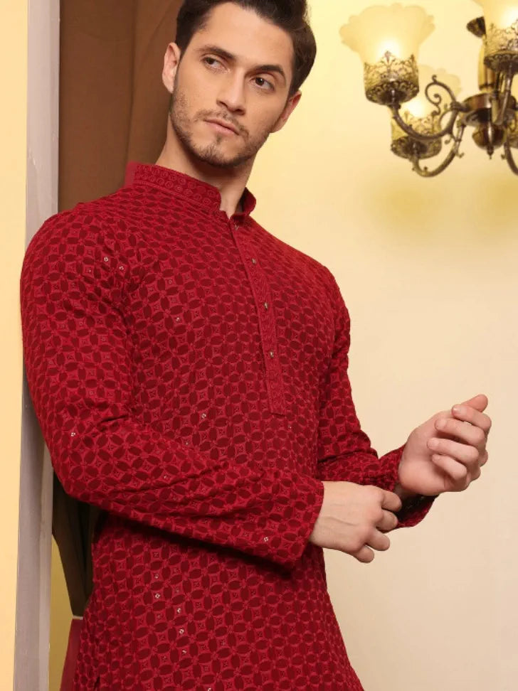 House of Pataudi Embroidered Mandarin Collar Kurta M