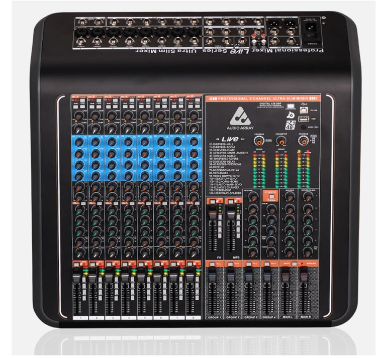 Audio Array AM-Pro8 8-Channel Hybrid USB Mixer 8 Analog+2 Digital Channels(L+R), 48kHz/16-Bit, Built-In Compressor, 6AUX Sends, Group Buses, Inserts, +24dBu Balanced Outputs for Live & Studio