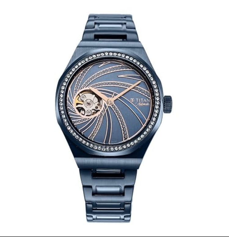 Titan Unending Beauty Automatic Blue Dial Analog Stainless Steel Strap Watch for Women-NS95177QM01