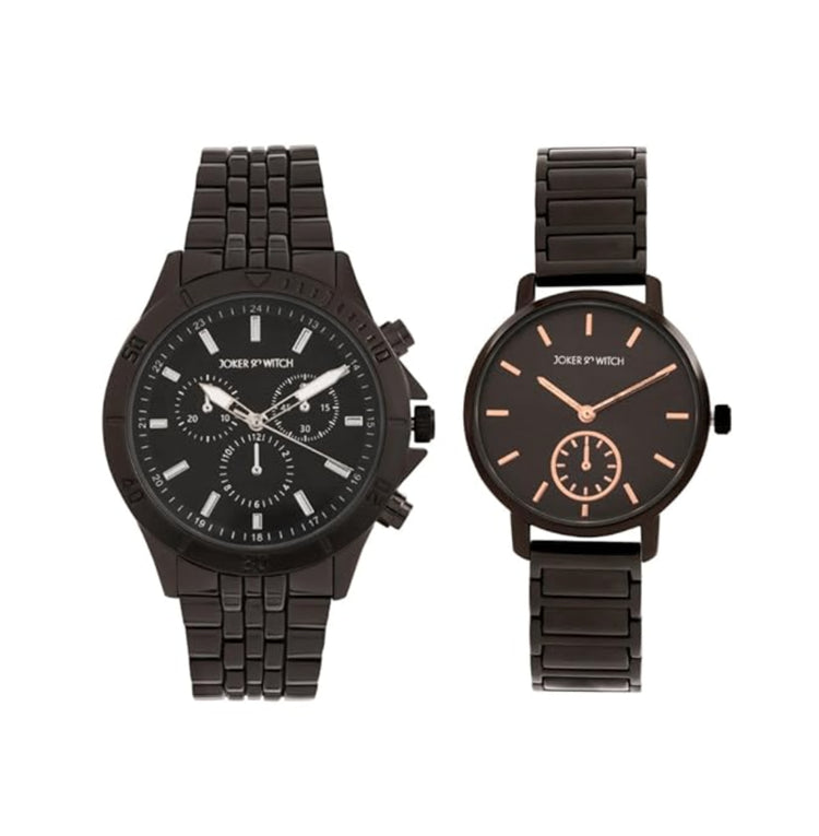 Joker & Witch Stainless Steel Viola And Will Couple Analogue Watches, Brown Dial, Black Band