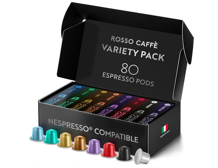 ROSSO CAFFé Espresso Coffee Pods for Nespresso Original Machines - 80 Capsules Variety Pack, 8 Signature Flavors, Medium to Dark Roast