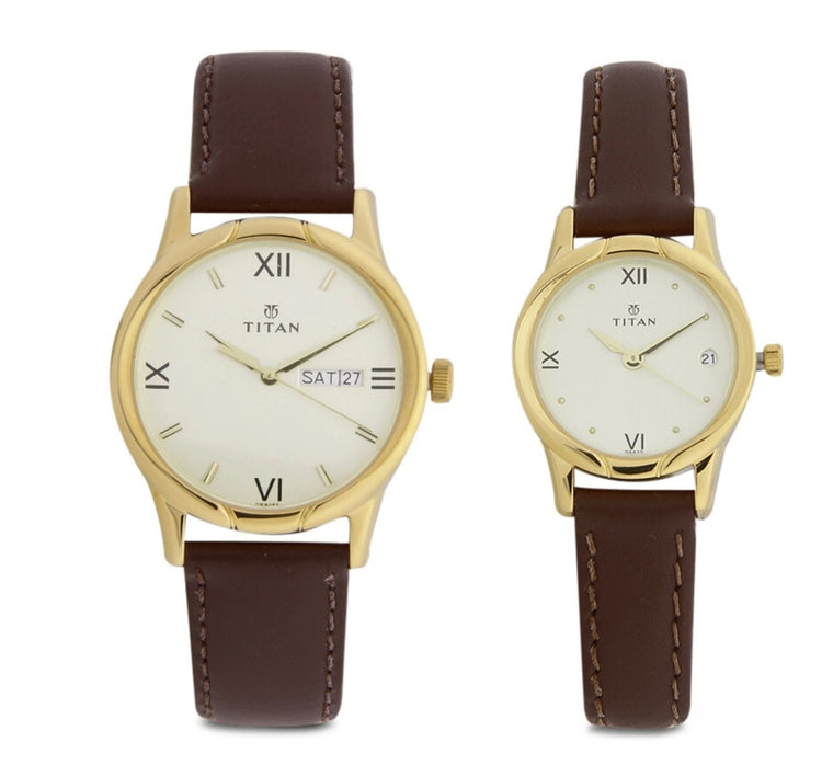 Titan Bandhan Champagne Dial Brown LeatherStrap Couple Analog Watch  - For Couple NT15802490YL05,NU15802490YL05