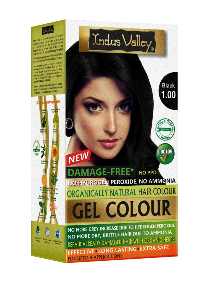 (2 Qty ) INDUS VALLEY Damage Free Natural Gel Hair Colour for Women | Ammonia & PPD Free Organic Hair Colour with 100% Grey Coverage, Long Lasting Conditioning Hair Color | Black 1.00-220 ml